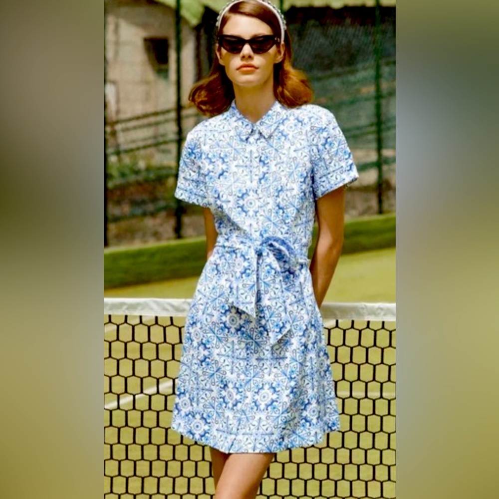 Hill House The Laura Linen Blue Mosaic Button-Up Belted Dress Size Small